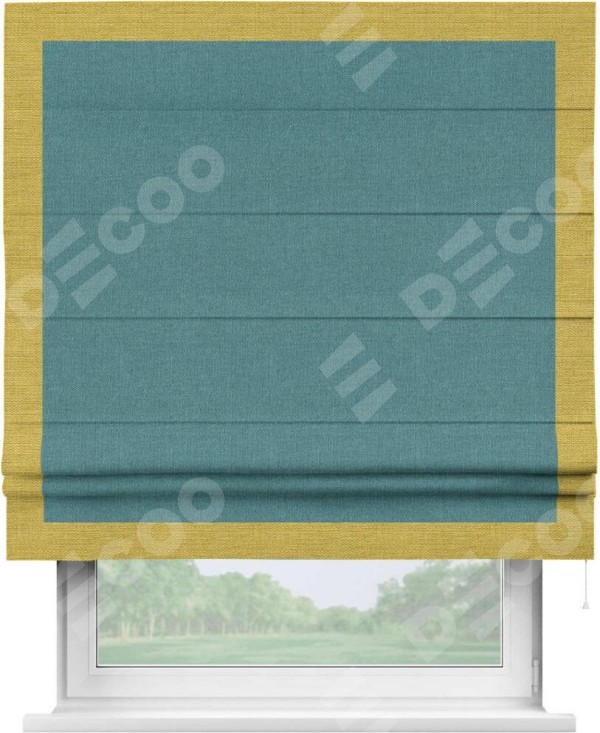 Римская штора «Кортин» с кантом Чесс, для проема, ткань лён бирюзовый