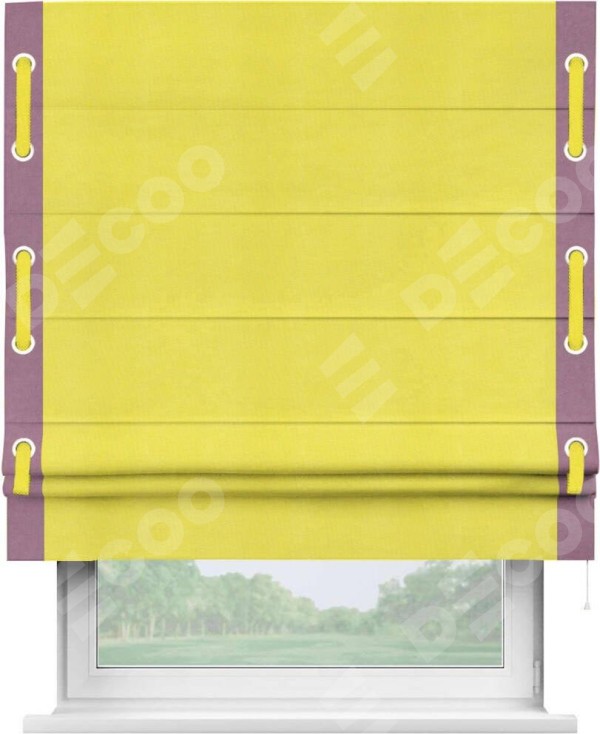Римская штора «Кортин» с кантом Стрим Дуо (люверсы с пояском), для проема, ткань вельвет cветло-желтый