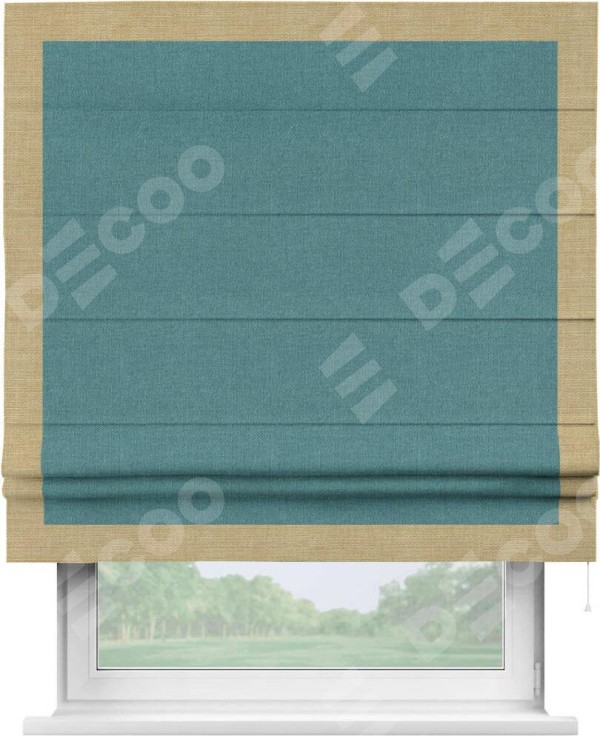 Римская штора «Кортин» с кантом Чесс, для проема, ткань лён бирюзовый