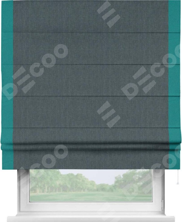 Римская штора «Кортин» с кантом Стрим Дуо, для проема, ткань лён димаут, серо-синий