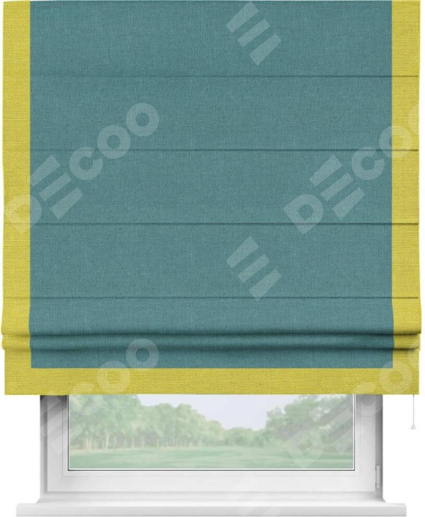 Римская штора «Кортин» с кантом Виктория, для проема, ткань лён бирюзовый