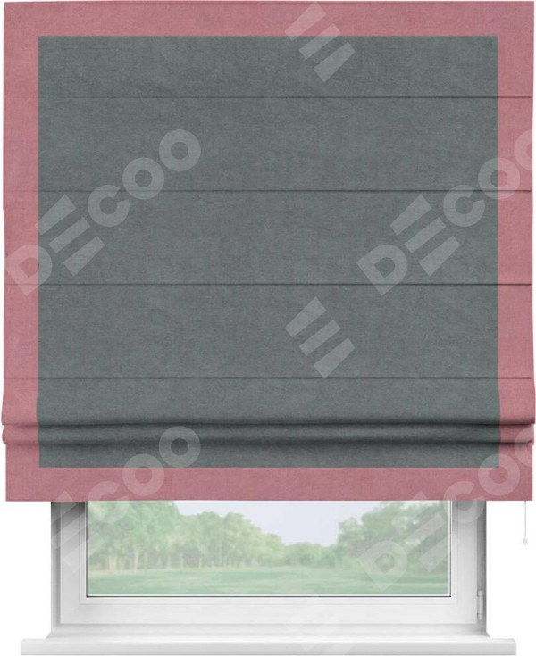 Римская штора «Кортин» с кантом Чесс, для проема, ткань вельвет серый