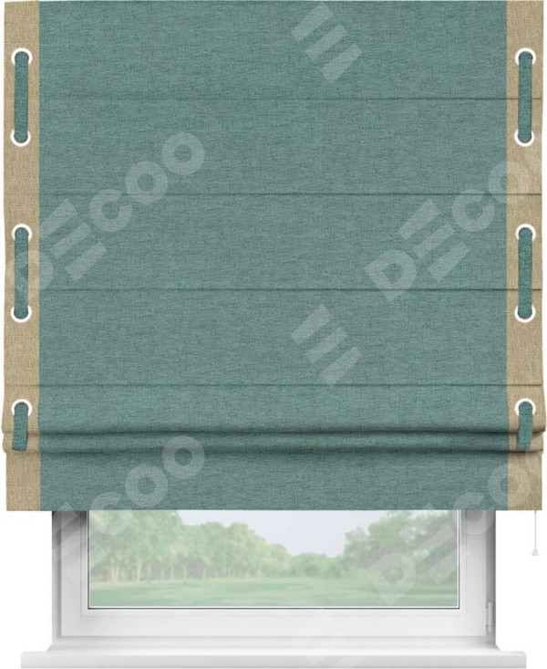 Римская штора «Кортин» с кантом Стрим Дуо (люверсы с пояском), для проема, ткань стиф димаут бирюзовый