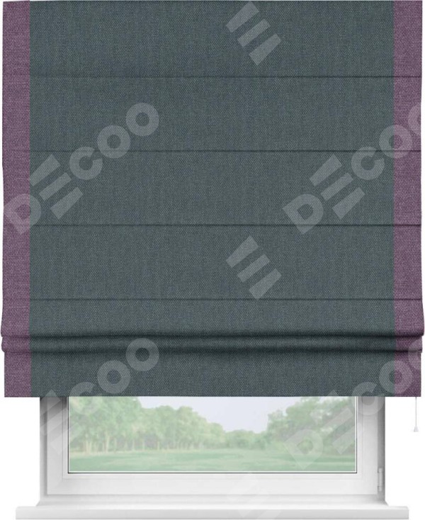 Римская штора «Кортин» с кантом Стрим Дуо, для проема, ткань лён димаут, серо-синий