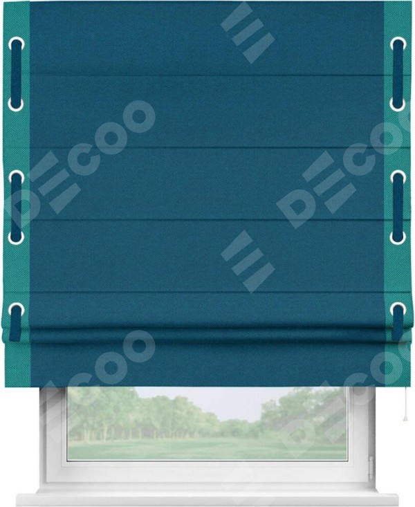 Римская штора «Кортин» с кантом Стрим Дуо (люверсы с пояском), для проема, ткань лён димаут, синий