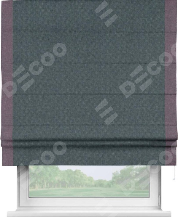 Римская штора «Кортин» с кантом Стрим Дуо, для проема, ткань лён димаут, серо-синий