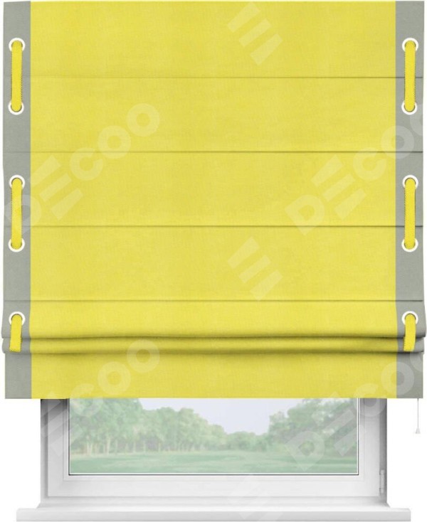 Римская штора «Кортин» с кантом Стрим Дуо (люверсы с пояском), для проема, ткань вельвет cветло-желтый