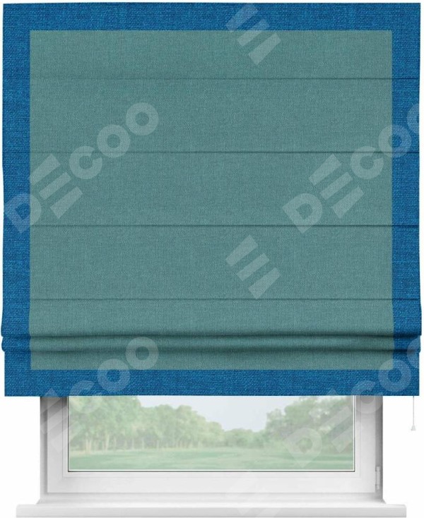 Римская штора «Кортин» с кантом Чесс, для проема, ткань лён бирюзовый