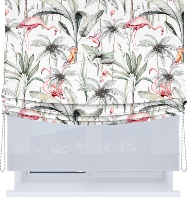 Римская штора «Кортин», день-ночь с мягкими складками, «Изящные фламинго»