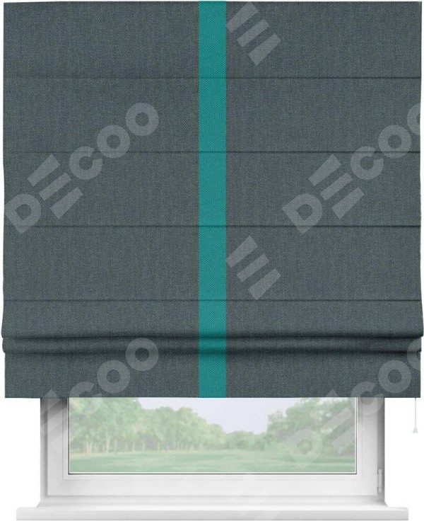 Римская штора «Кортин» с кантом Хайвэй, для проема, ткань лён димаут, серо-синий