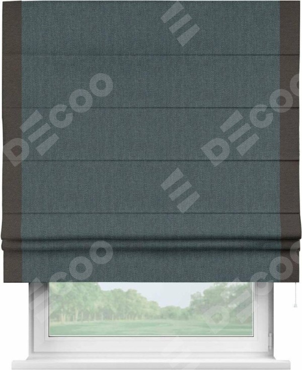 Римская штора «Кортин» с кантом Стрим Дуо, для проема, ткань лён димаут, серо-синий